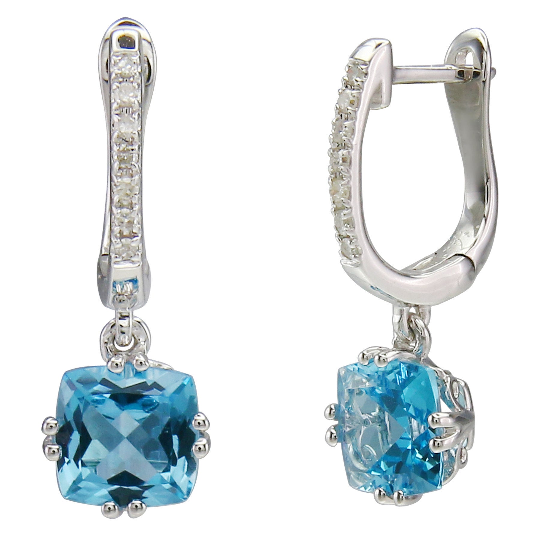 Diamond2Deal 14k White Gold 1.86ct Cushion Cut Blue Topaz and Diamond Drop & Dangle Earrings