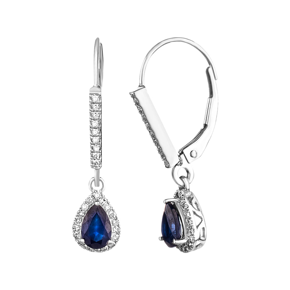 Diamond2Deal 14k White Gold 1.04ct Pear Shape Blue Sapphire & Diamond Drop & Dangle Earrings