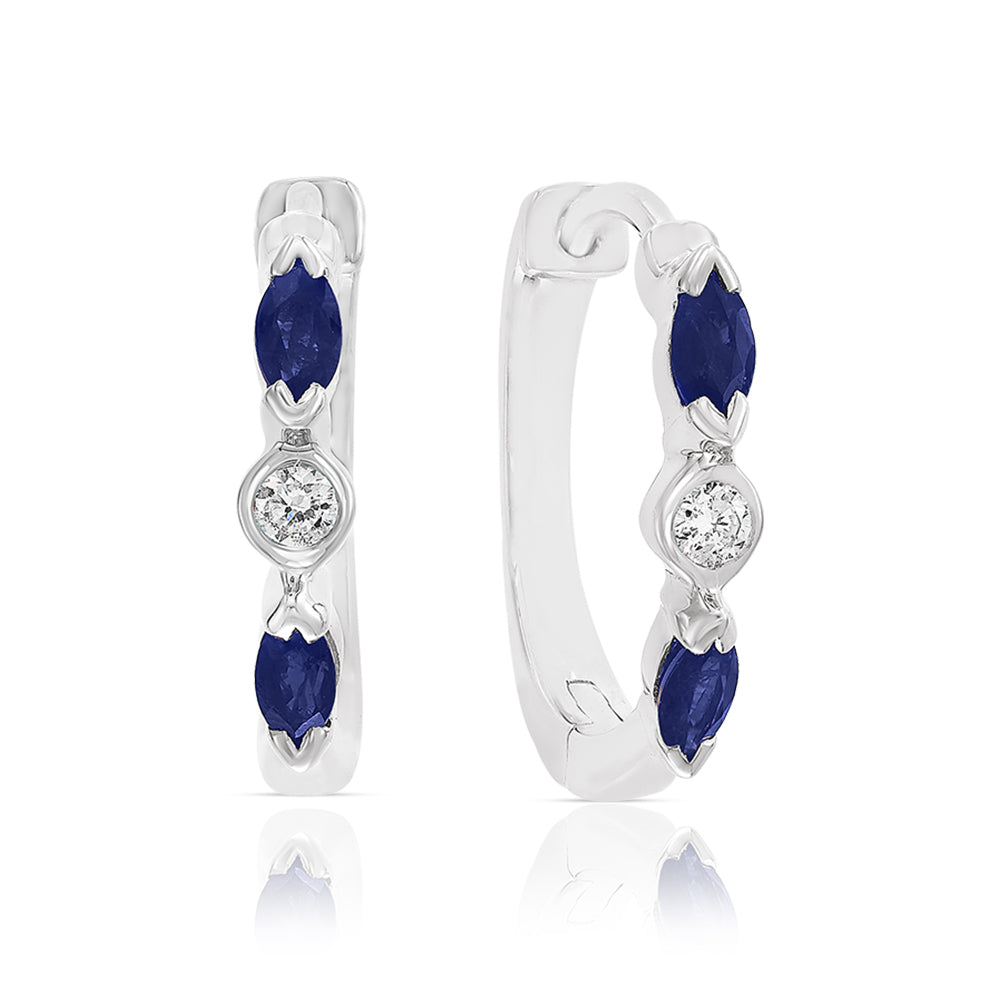 Diamond2Deal 14k White Gold 0.49ct Marquise Blue Sapphire and Diamond Hoop Earrings for Women
