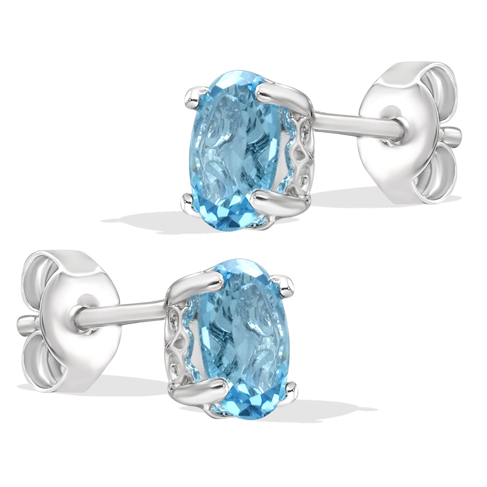 Diamond2Deal 14k White Gold Oval Cut 1.52ct Blue Topaz Stud Earrings for Women