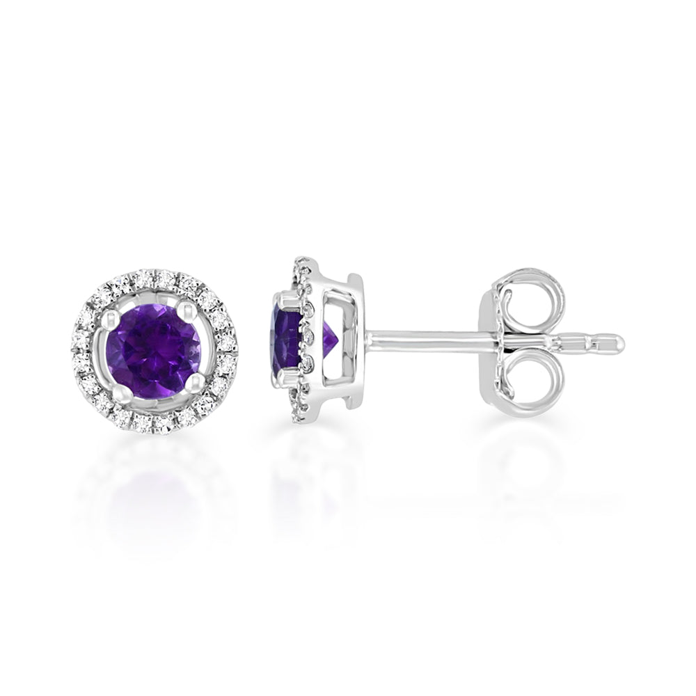 Diamond2Deal 14k White Gold 0.55ct Round Amethyst and Diamond Halo Stud Earrings for Women