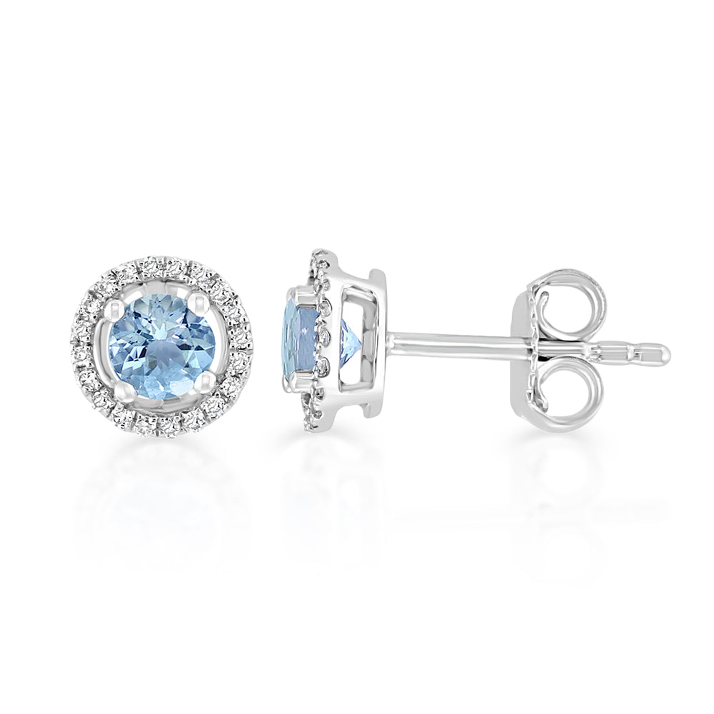 Diamond2Deal 14k White Gold 0.53ct Round Aquamarine and Diamond Halo Stud Earrings for Women