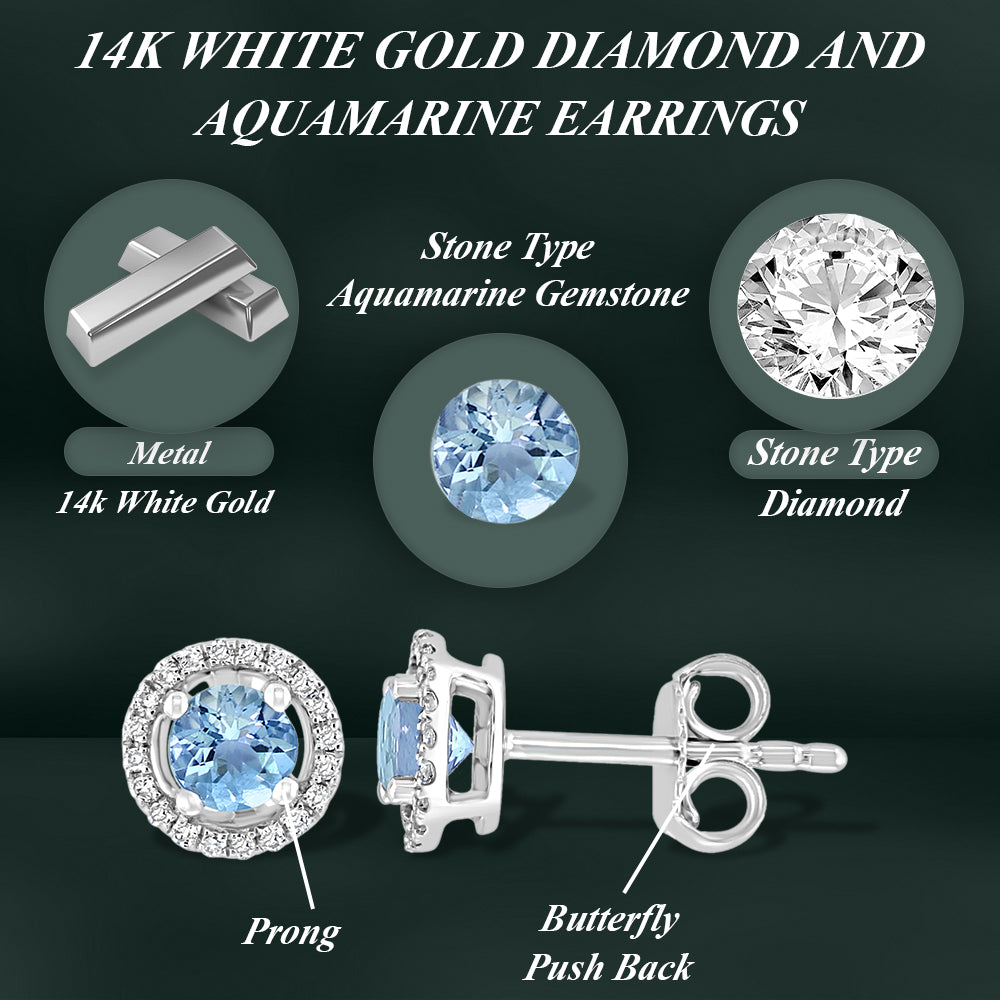 Diamond2Deal 14k White Gold 0.53ct Round Aquamarine and Diamond Halo Stud Earrings for Women