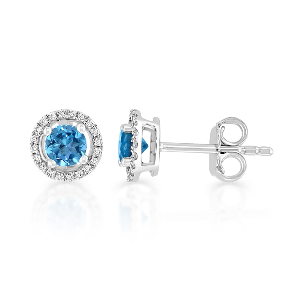Diamond2Deal 14k White Gold 0.64ct Round Blue Topaz and Diamond Halo Stud Earrings for Women