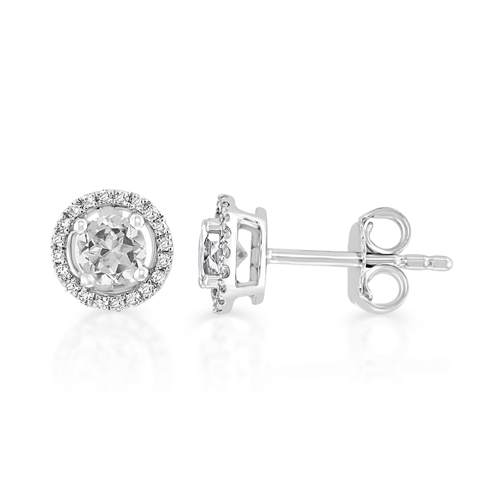 Diamond2Deal 14k White Gold 0.68ct Round White Topaz and Diamond Halo Stud Earrings for Women