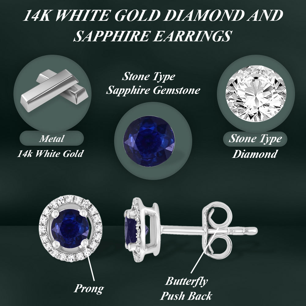 Diamond2Deal 14k White Gold 0.78ct Round Cut Blue Sapphire and Diamond Halo Stud Earrings