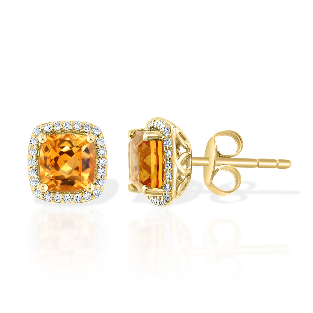 Diamond2Deal 14k Yellow Gold 1.9ct Cushion Cut Citrine and Diamond Stud Earrings for Women