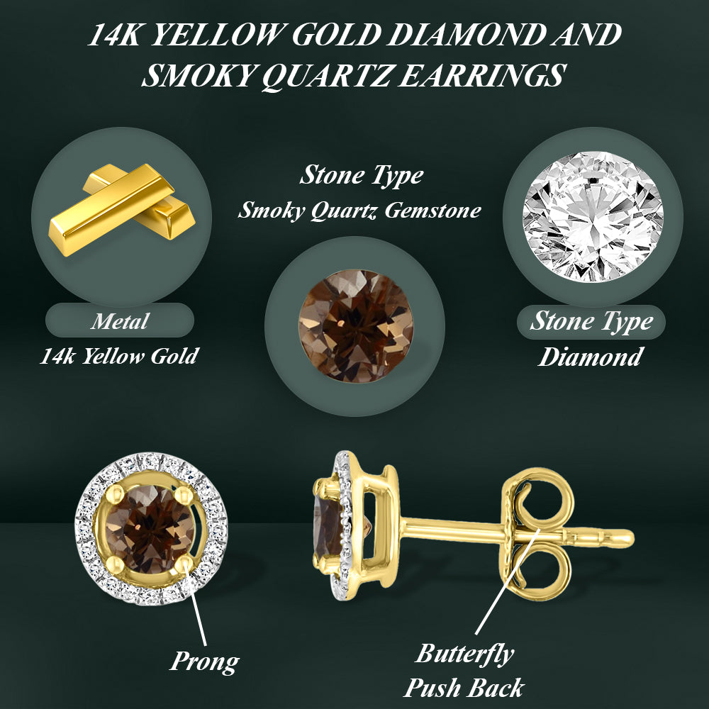 Diamond2Deal 14k Yellow Gold 0.64ct Round Cut Smoky Quartz and Diamond Halo Stud Earrings
