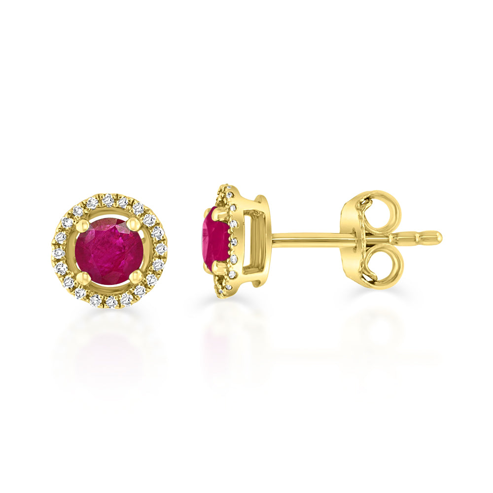Diamond2Deal 14k Yellow Gold 0.78ct Round Cut Ruby and Diamond Halo Stud Earrings for Women