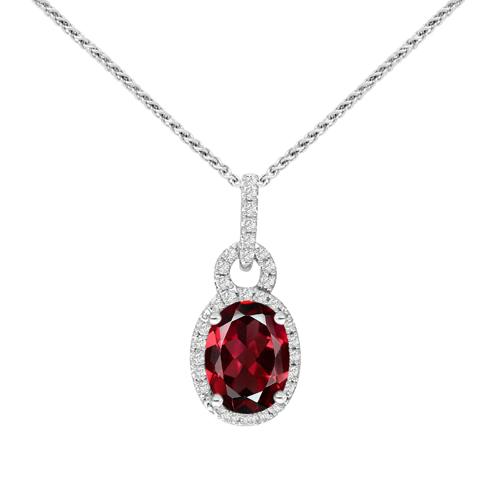 Diamond2Deal 14k White Gold 1.77ct Oval Cut Garnet and Diamond Pendant Necklace 18" for Women