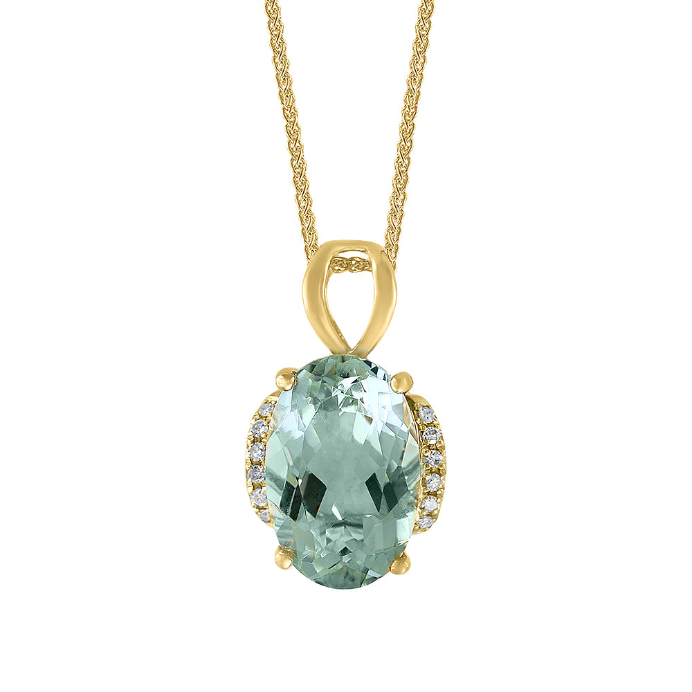 Diamond2Deal 14k Yellow Gold 3.09ct Oval Cut Green Amethyst and Diamond Pendant Necklace 18"
