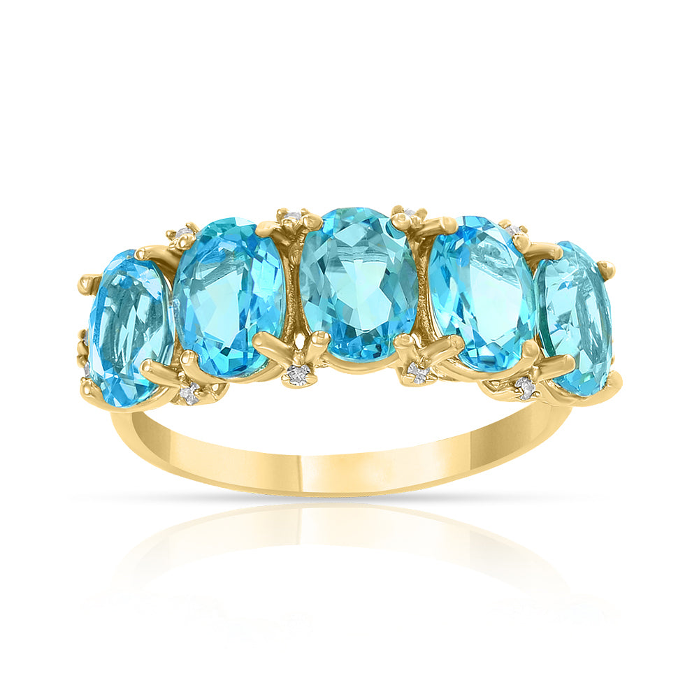 Diamond2Deal 14k Yellow Gold 3.84ct Oval Blue Topaz and Diamond Wedding Band Ring for Women